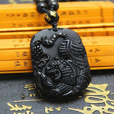 Natural Black Obsidian Carved Chinese Tiger Lucky Amulet Pendant